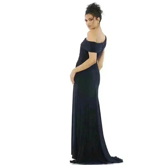 Mac Duggal Foldover Off the Shoulder Slit Gown 2 Maxi Dress Navy Trumpet Ruched - Picture 2 of 8